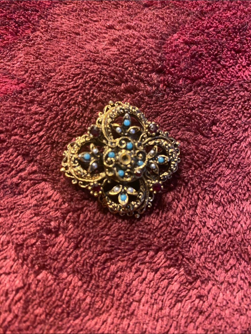 Vintage Gold-Tone Filigree Brooch with Turquoise and Red Accents